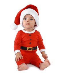 Cute little baby wearing festive Christmas costume on white background