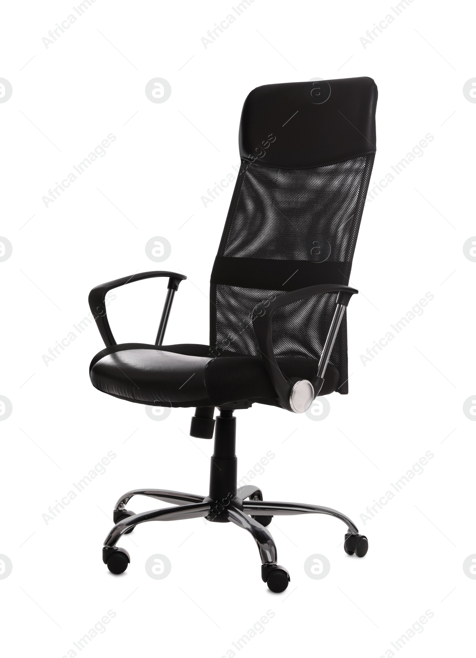Photo of Comfortable office chair with leather seat isolated on white