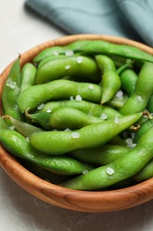 Photo of Bowl of green edamame beans in pods with salt on light grey table, closeup