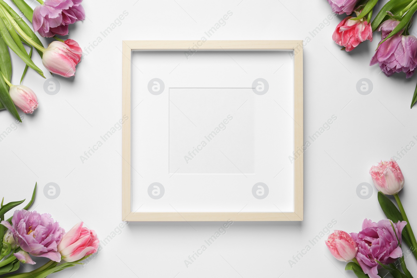 Photo of Empty photo frame and beautiful tulip flowers on white background, flat lay. Space for design
