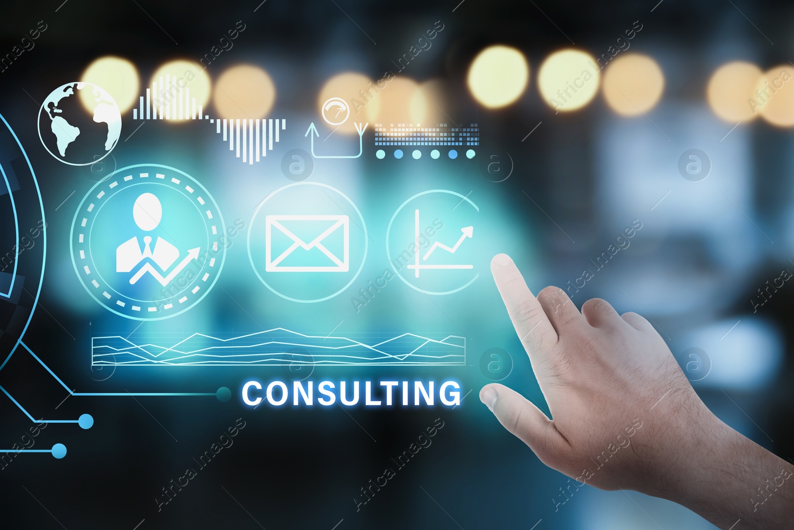 Image of Consulting concept. Businessman pointing on blurred background, closeup