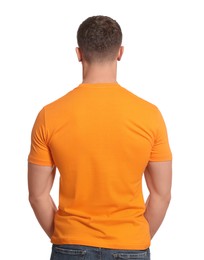 Photo of Man wearing orange t-shirt on white background, back view. Mockup for design