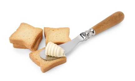 Photo of Butter curl, knife and pieces of dry bread isolated on white