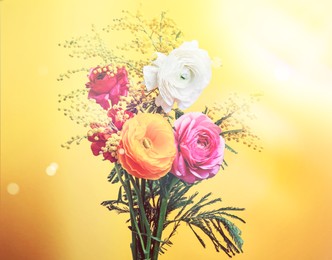 Image of Beautiful ranunculus and mimosa flowers on color background