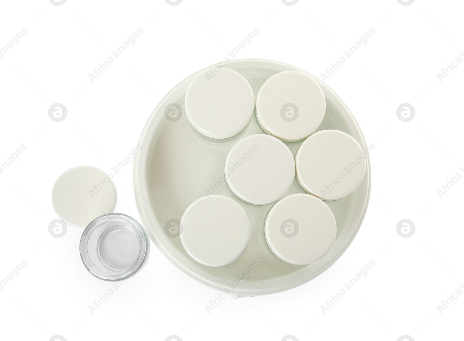 Photo of Modern yogurt maker with jars on white background, top view