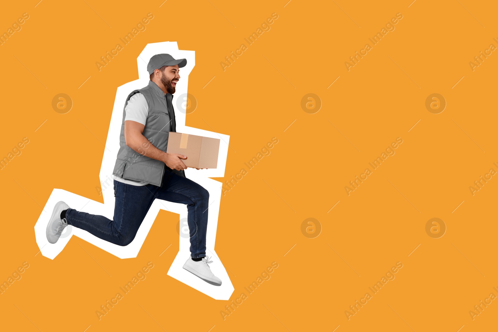 Image of Happy courier with parcel running on orange background, space for text