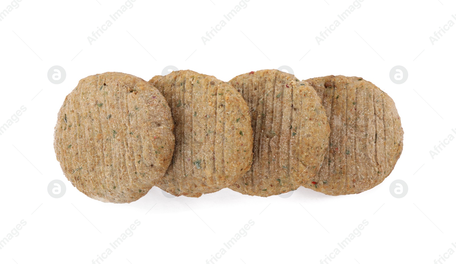 Photo of Raw vegan cutlets with breadcrumbs isolated on white, top view