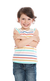 Portrait of cute little girl in casual outfit on white background