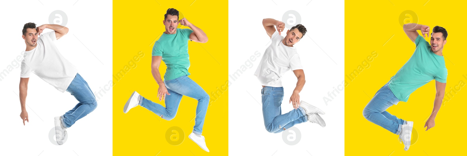 Image of Collage with photos of man in fashion clothes jumping on different color backgrounds. Banner design