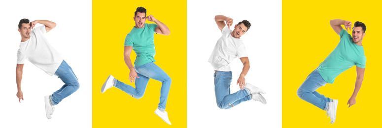 Collage with photos of man in fashion clothes jumping on different color backgrounds. Banner design