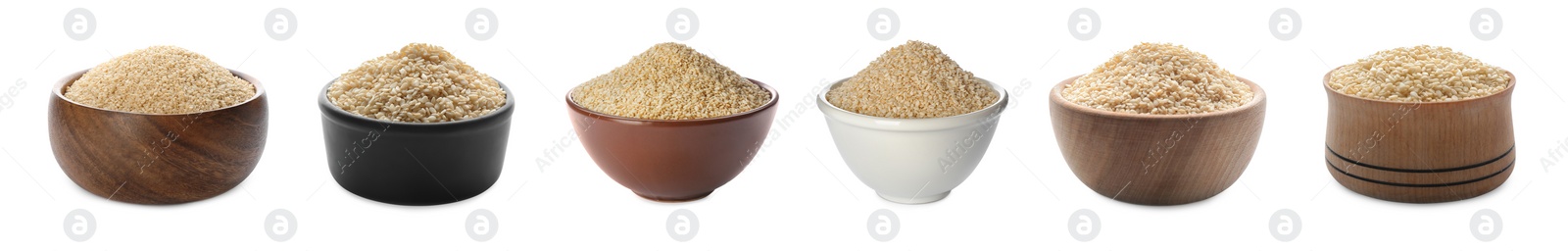 Image of Set with sesame seeds on white background. Banner design 