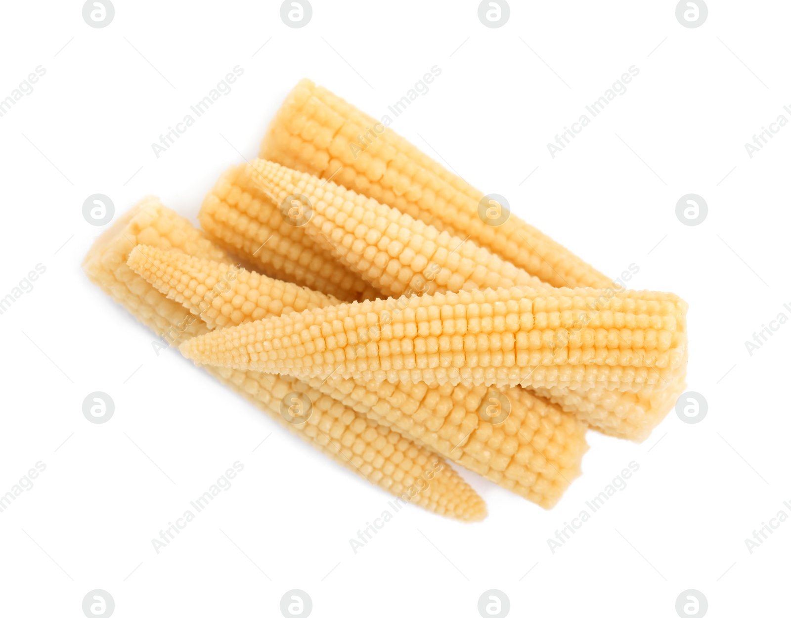 Photo of Fresh baby corn cobs on white background, top view