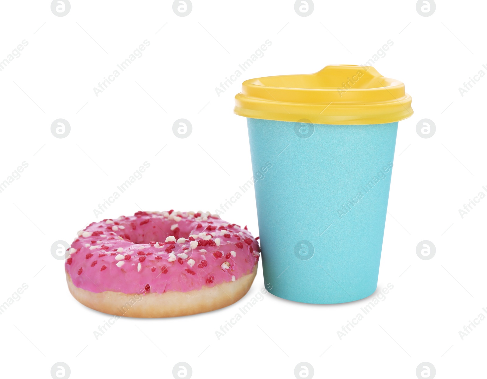 Photo of Tasty fresh donut with sprinkles and hot drink isolated on white