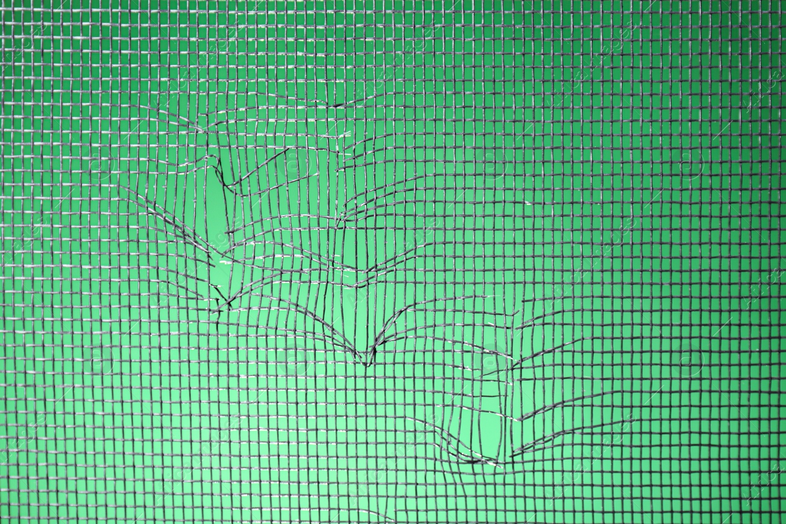 Photo of Torn window screen against green background, closeup