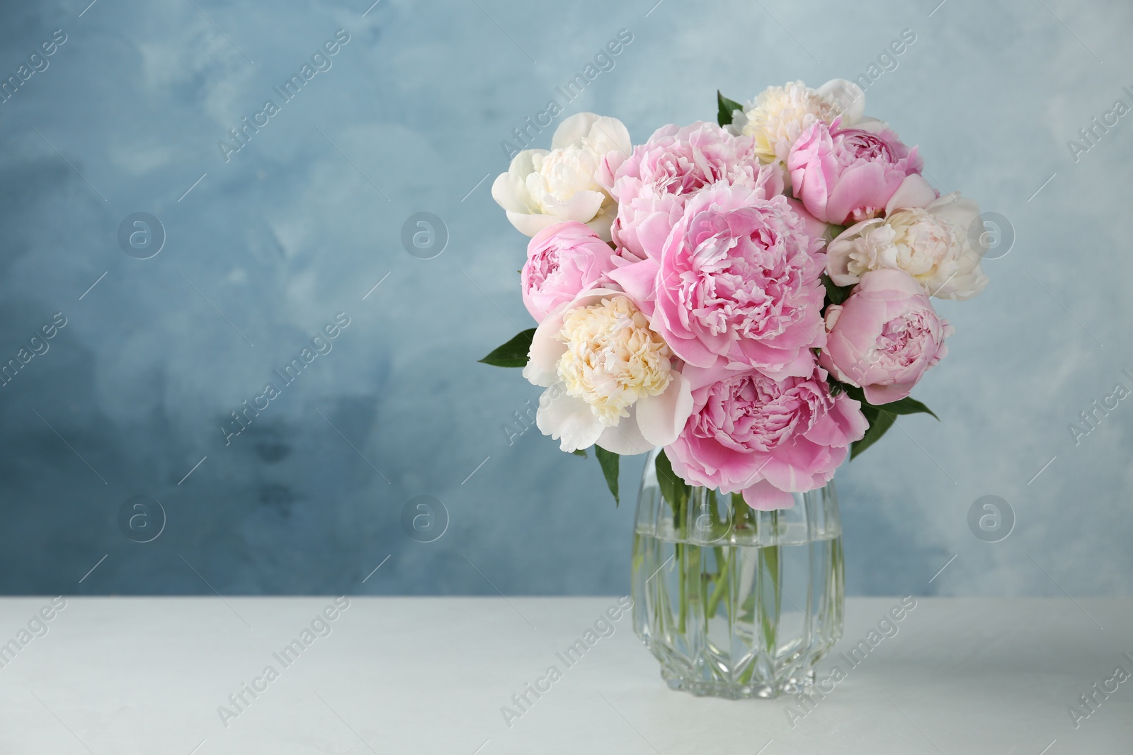 Photo of Beautiful peonies in glass vase on white table. Space for text