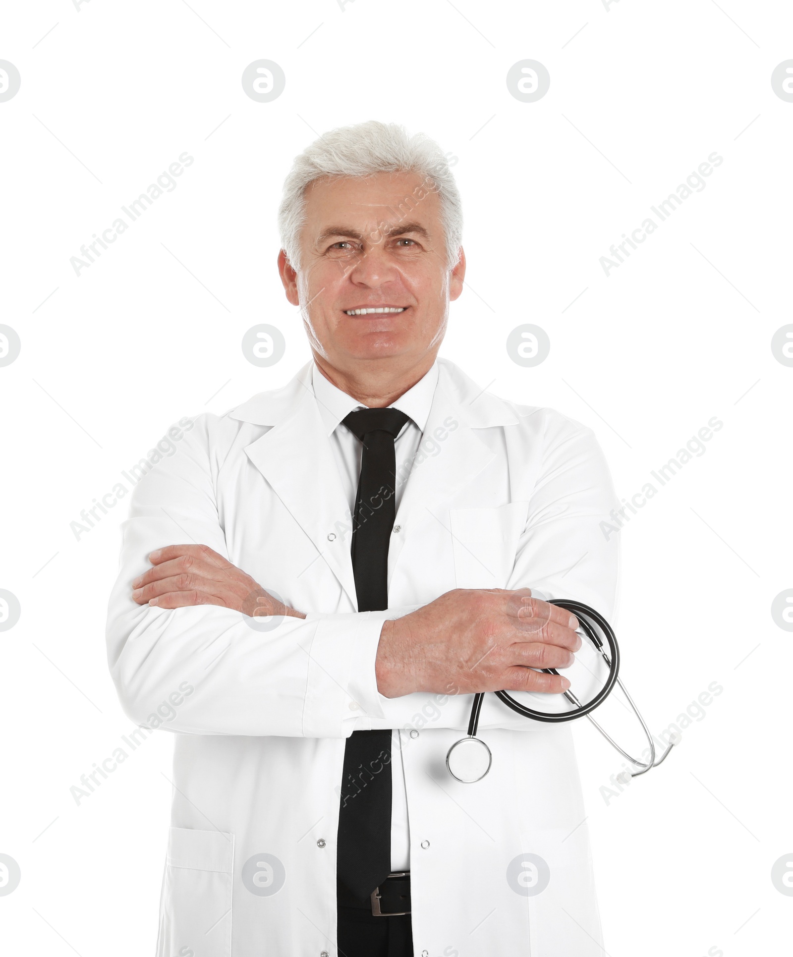 Photo of Portrait of male doctor with stethoscope isolated on white. Medical staff