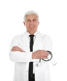 Portrait of male doctor with stethoscope isolated on white. Medical staff