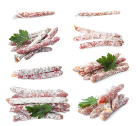 Image of Set of tasty sausage on white background