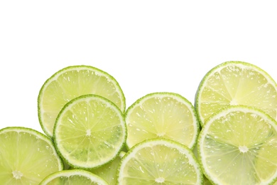 Photo of Juicy lime slices on white background, top view. Citrus fruit