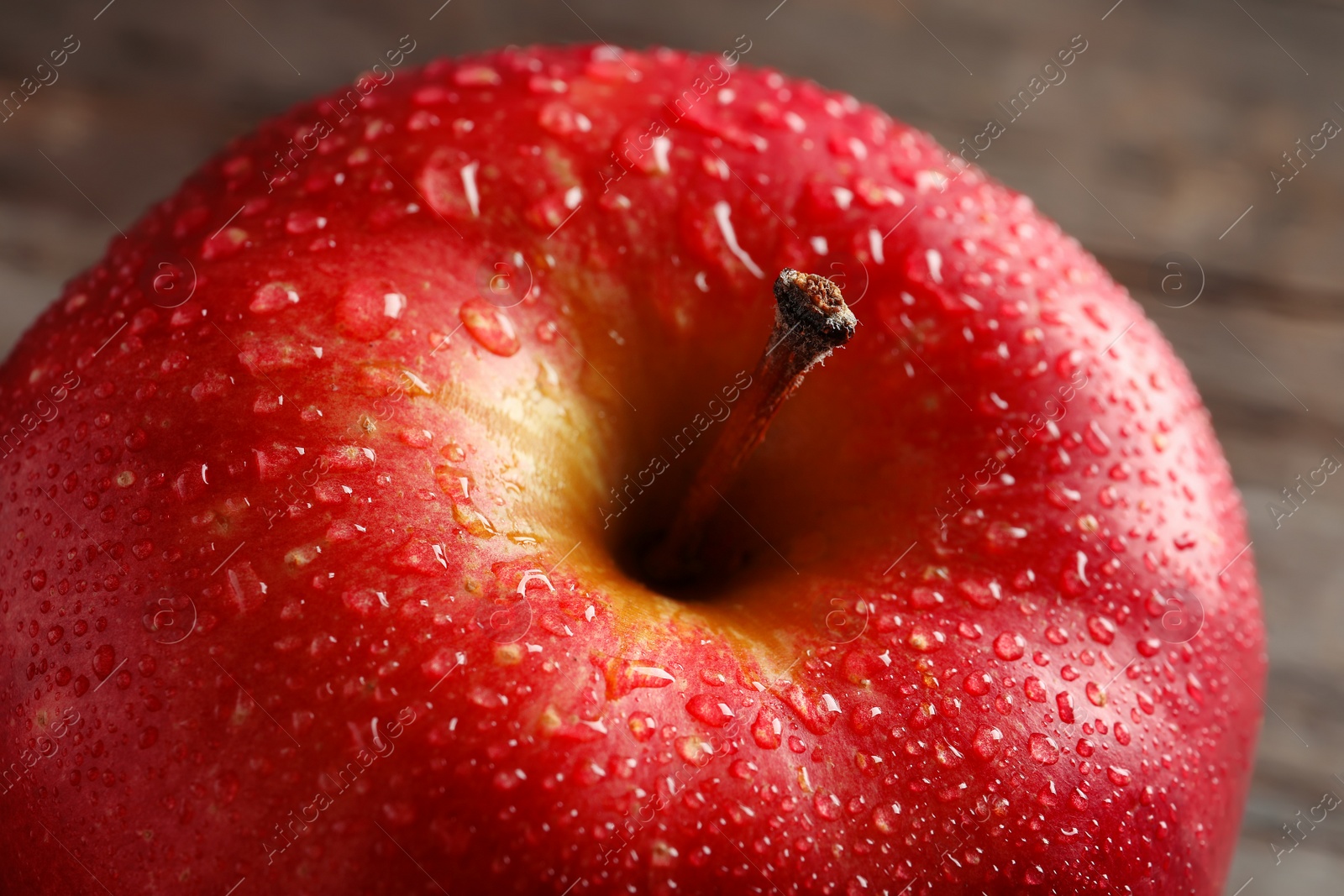 Photo of Ripe red apple with water drops, closeup