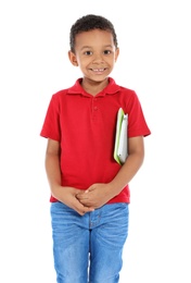 Little African-American child with school supplies on white background