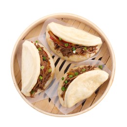 Delicious gua bao in bamboo steamer isolated on white, top view