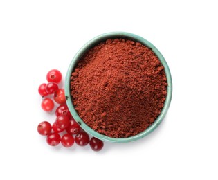 Photo of Cranberry powder in bowl and fresh berries isolated on white, top view