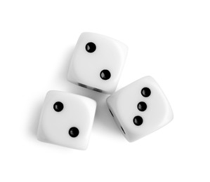 Photo of Three dices isolated on white, top view. Game cubes