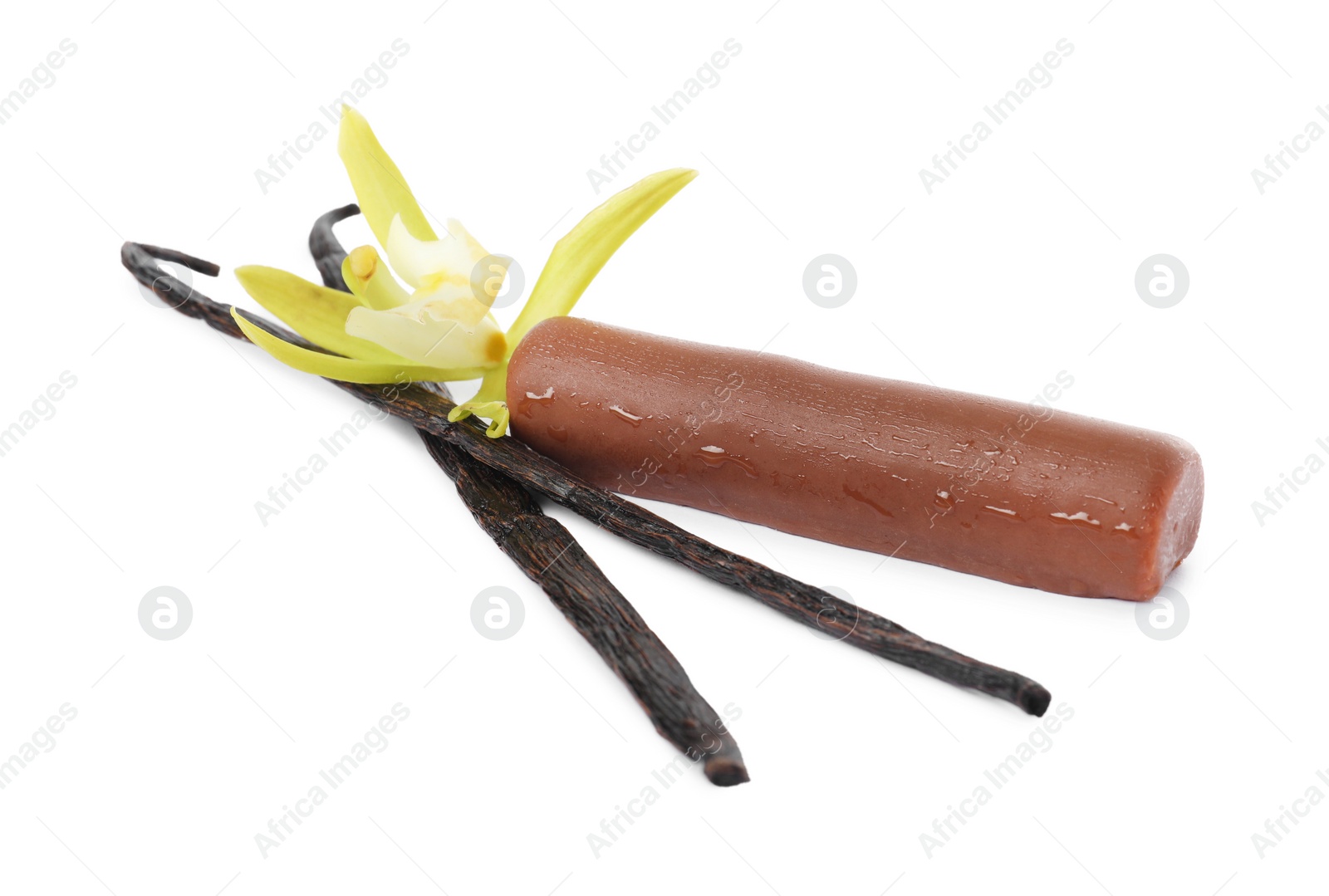 Photo of Glazed curd cheese bar, vanilla pods and flower isolated on white