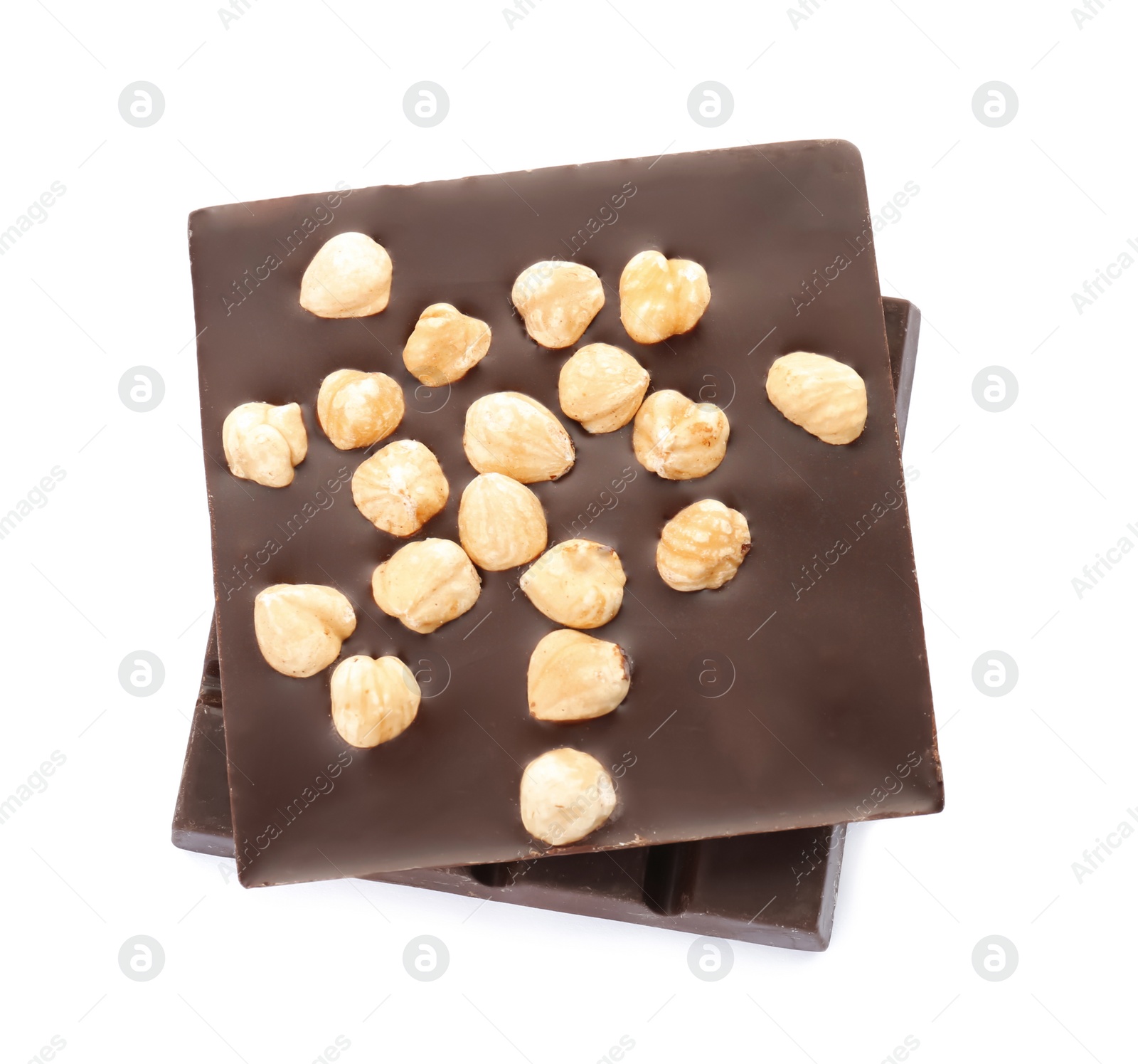 Photo of Delicious black chocolate bars with nuts on white background