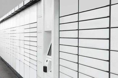 Modern parcel locker with many postal boxes