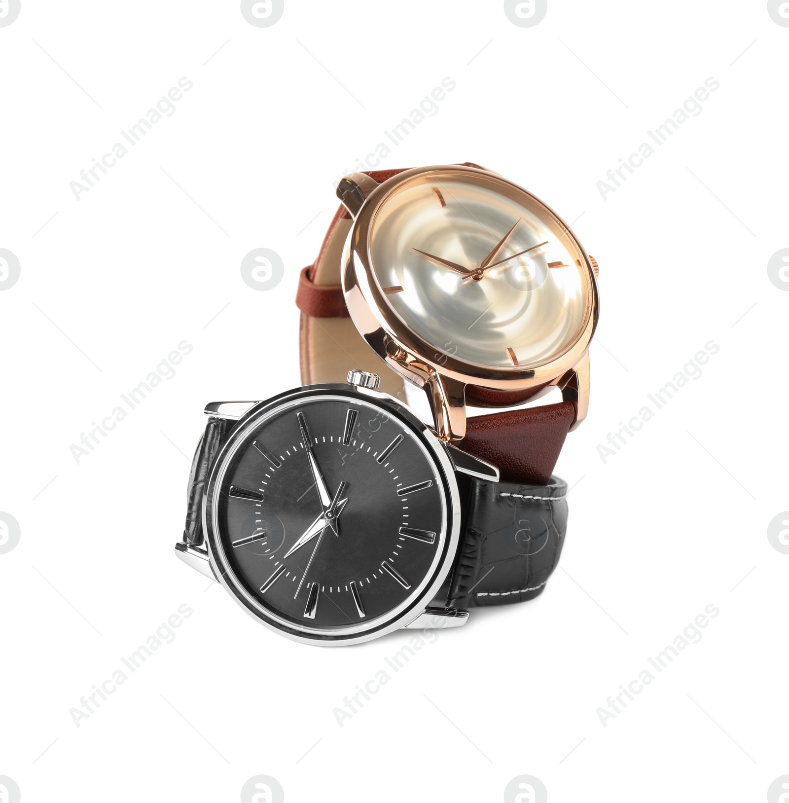 Photo of Luxury wrist watches on white background. Fashion accessories