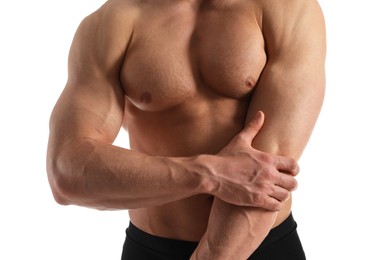 Man with muscular body on white background, closeup