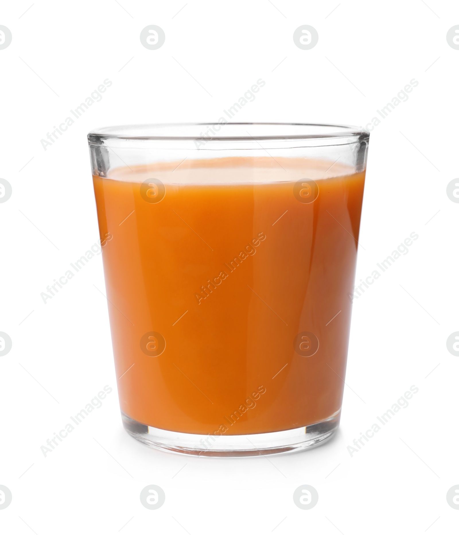 Photo of Glass of fresh carrot juice on white background