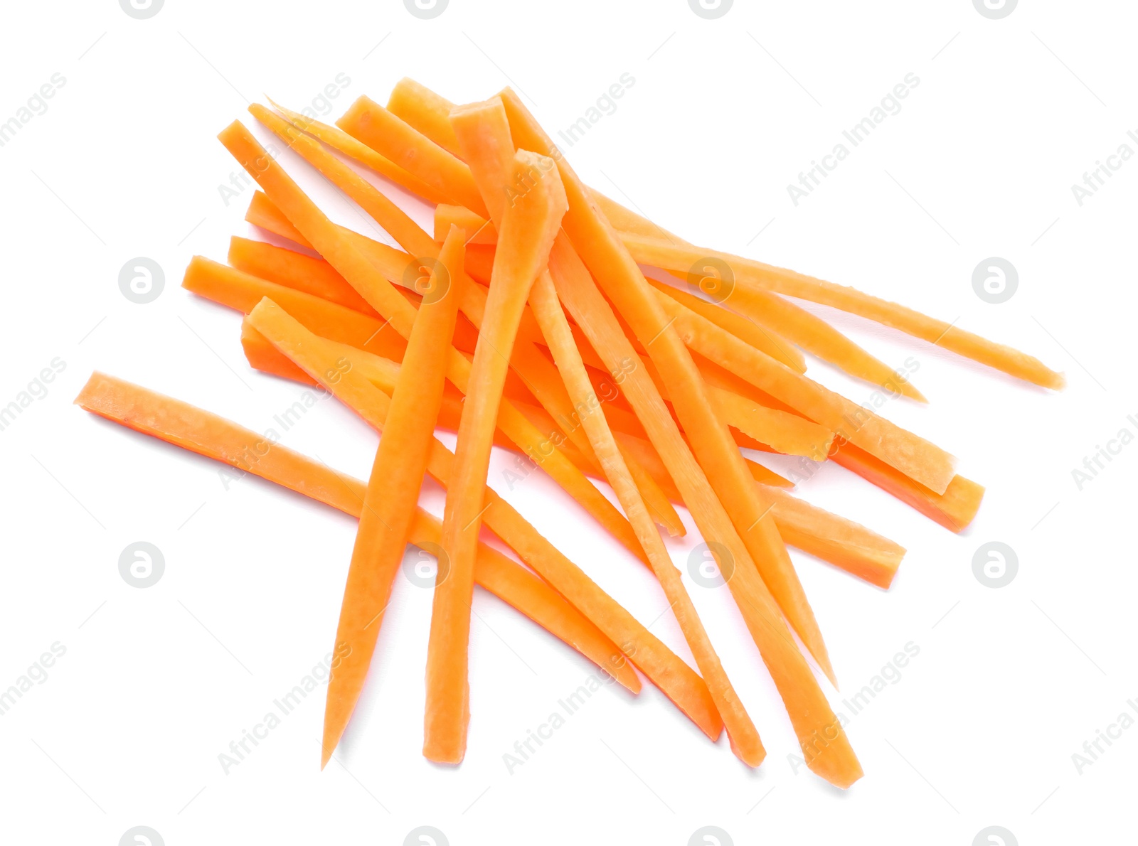 Photo of Pile of delicious carrot sticks isolated on white