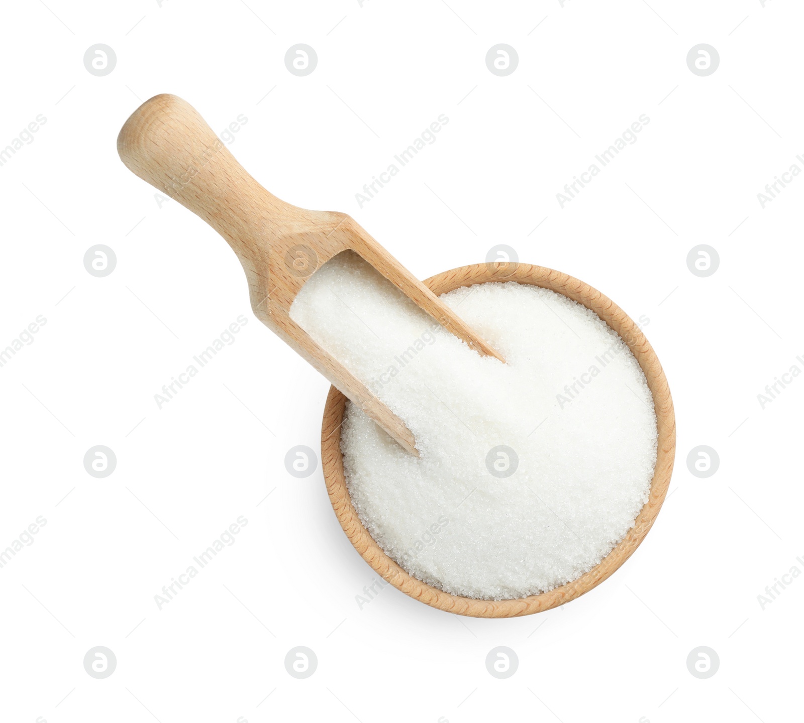 Photo of Granulated sugar in bowl and scoop isolated on white, top view