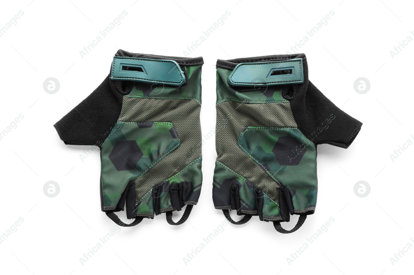 Photo of Pair of stylish fingerless cycling gloves on white background, top view