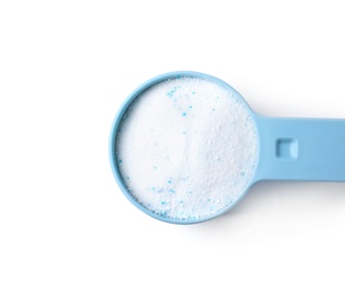 Measuring spoon with laundry powder isolated on white, top view