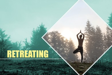 Image of Retreating. Woman practicing yoga near forest, back view. Color tone effect