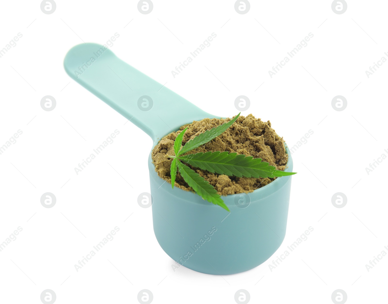 Photo of Scoop with hemp protein powder and green leaf on white background