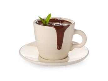 Cup of delicious hot chocolate with mint on white background