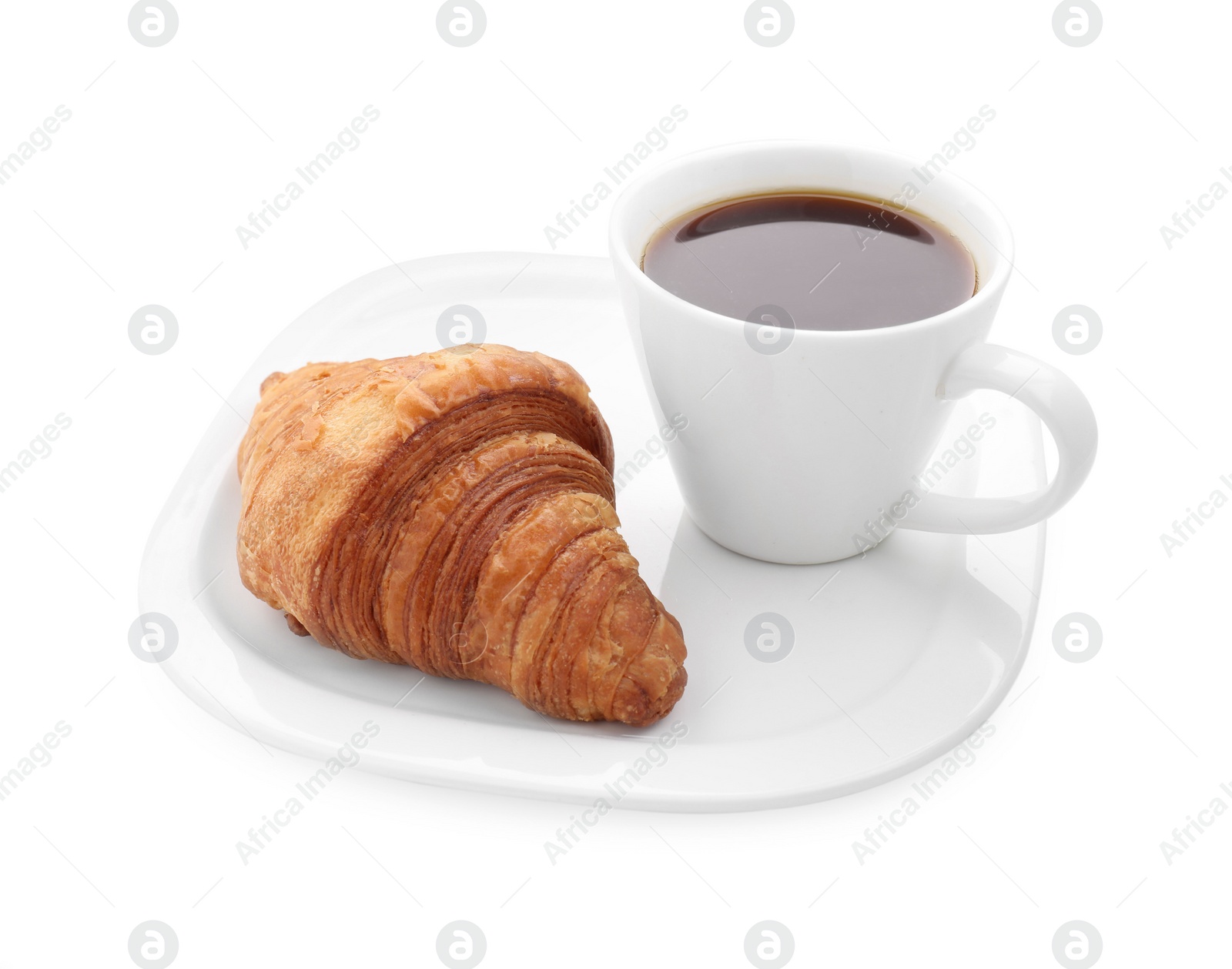 Photo of Tasty breakfast. Cup of coffee and croissant isolated on white