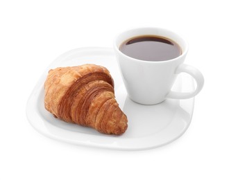 Tasty breakfast. Cup of coffee and croissant isolated on white