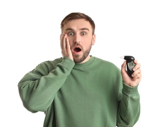 Photo of Emotional man with breathalyzer on white background