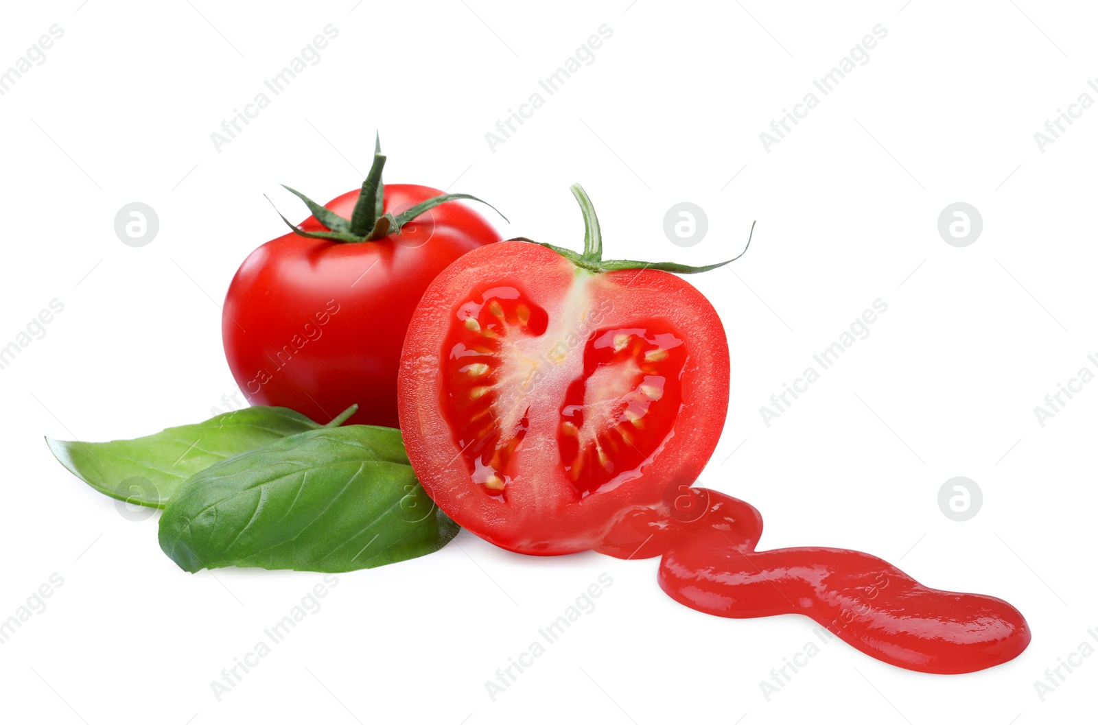 Image of Fresh tomatoes and basil leaves and organic ketchup on white background