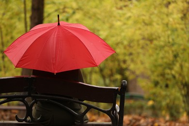Photo of Woman with red umbrella sitting on bench in autumn park, back view. Space for text