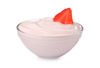 Photo of Bowl of delicious yogurt with strawberry isolated on white