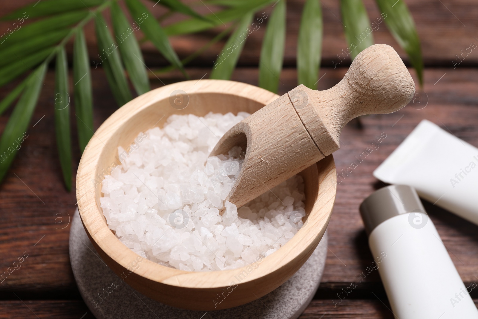 Photo of Spa composition. Sea salt, cosmetic products and green leaves on wooden table, closeup