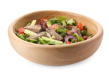 Delicious salad with beef tongue and vegetables isolated on white