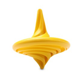 Photo of One yellow spinning top on white background